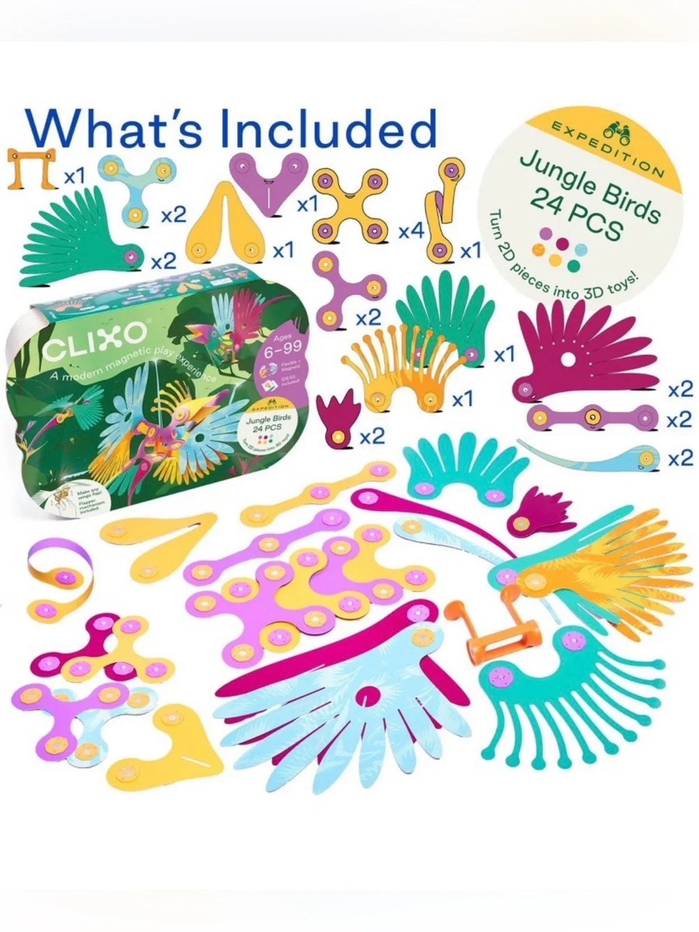 Clixo Jungle Birds Magnetic Building Set: Wing-Flapping Birds 24pc for Ages 6+